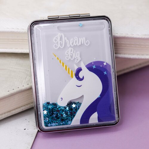 Зеркало карманное складное Sparkles unicorn blue с увеличением