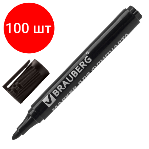 Комплект 100 шт, Маркер для флипчарта BRAUBERG, непропитывающий, черный, круглый наконечник, 2.5 мм, 151253