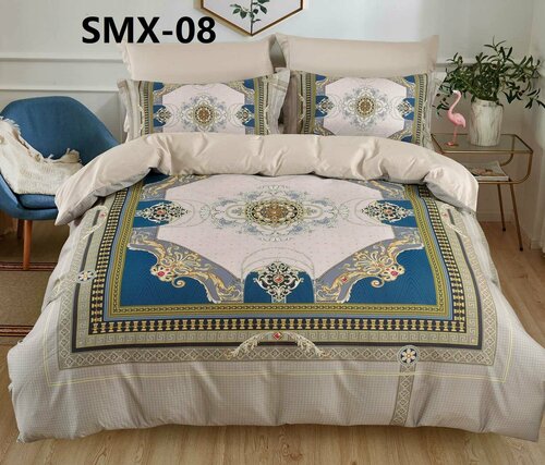Комплект постельного белья из сатина премиум SMX-08 Retrouyt (бежевый-синий), Евро (наволочки 50х70 и 70х70)