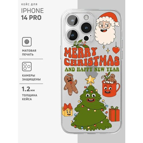 Чехол на iPhone 14 Pro / Айфон 14 Про прозрачный с принтом "Merry Christmas" белый, зеленый, красный