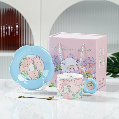 Чайный набор, кружка для кофе, для чая, чашка с блюдцем и ложкой керамическая плешоп чайная пара, посуда для дома в корейском стиле, 280 мл