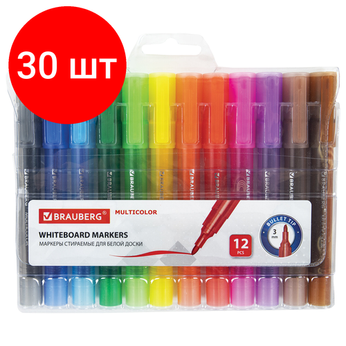 Комплект 30 шт Маркеры стираемые для белой доски набор 12 цветов BRAUBERG MULTICOLOR 3 мм 152121 15802₽