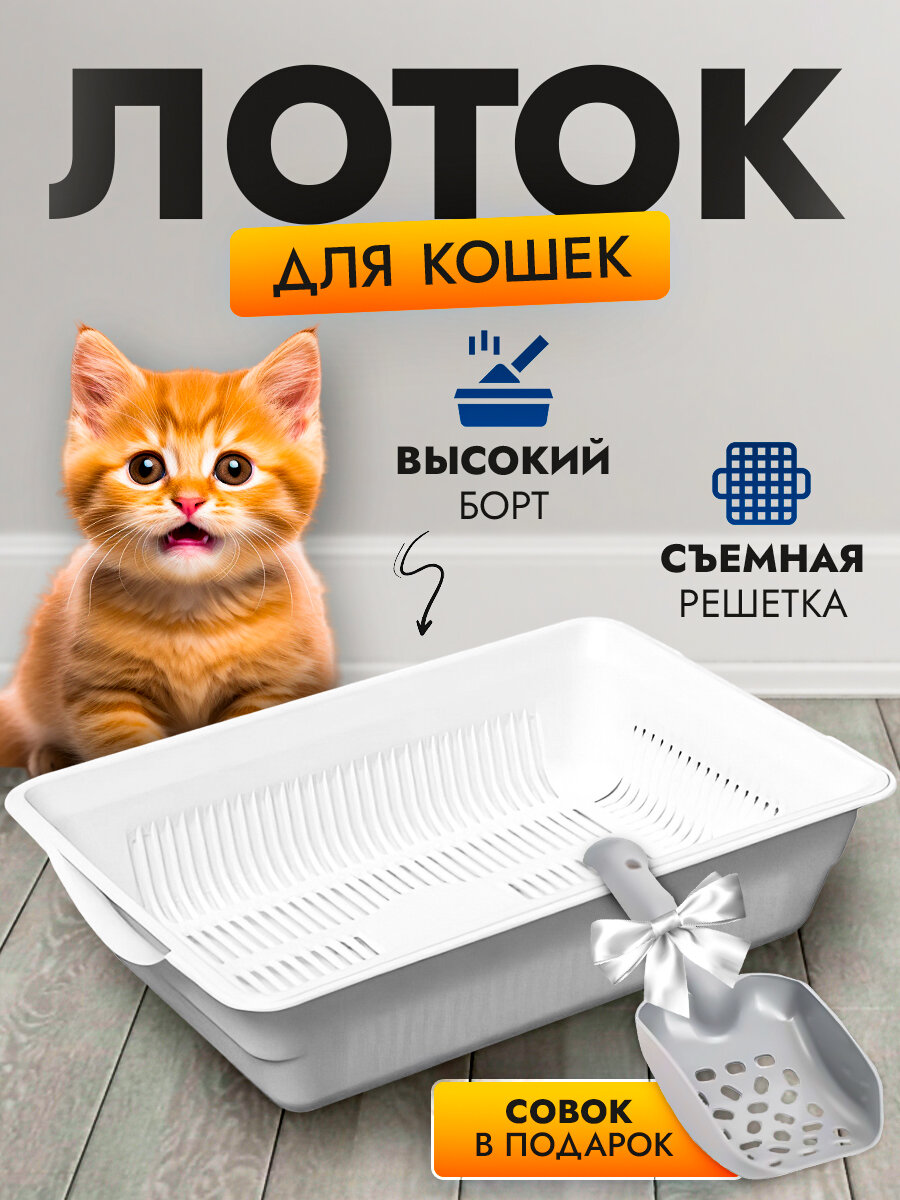 Лоток для кошек с бортом и решеткой, кошачий туалет - фотография № 1