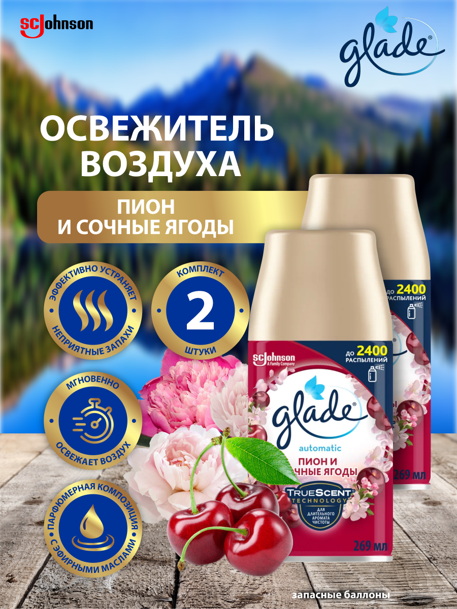 Освежитель воздуха GLADE AUTOMATIC Пион и сочные ягоды запасной баллон 269 мл. х 2 шт.