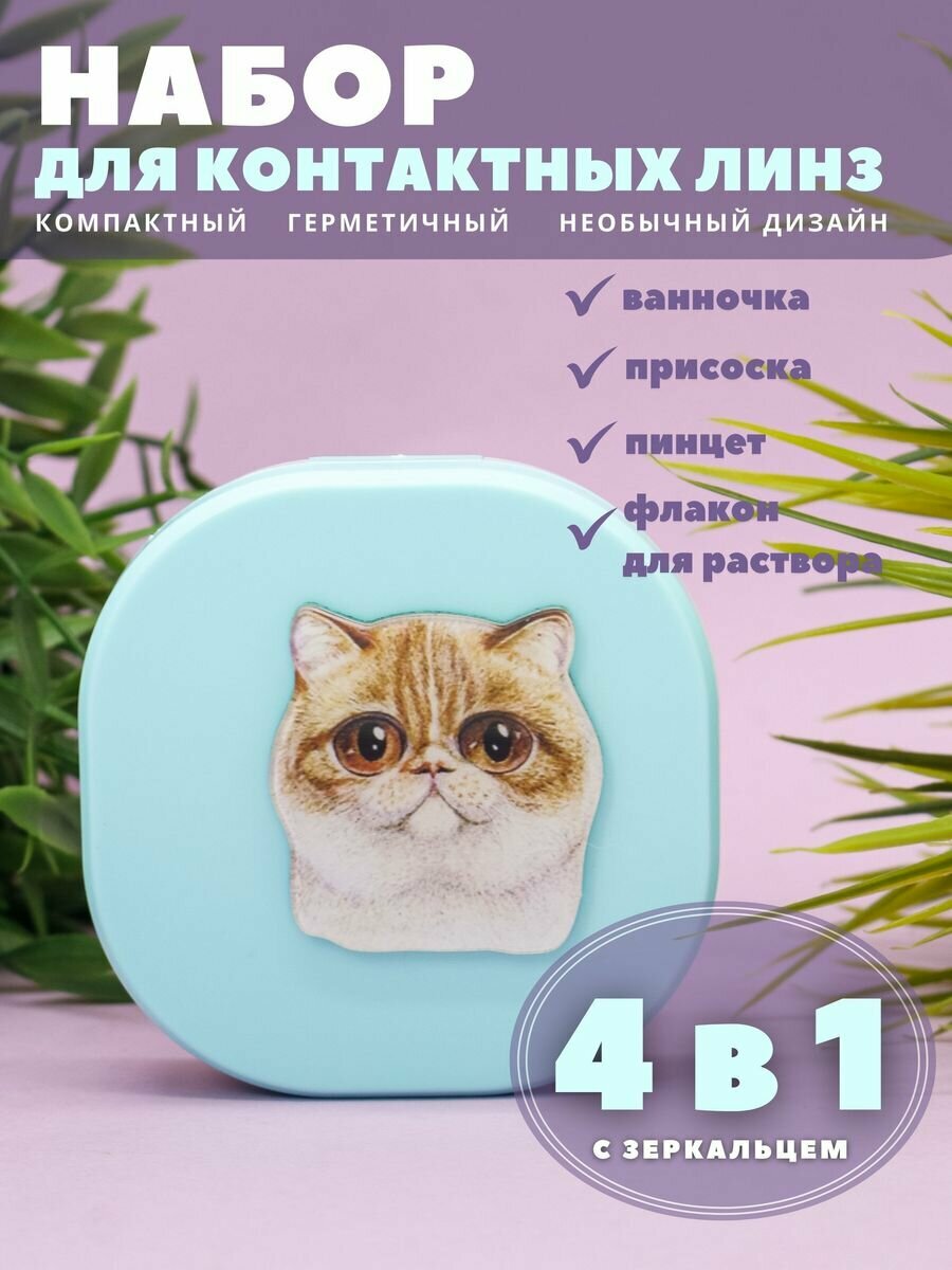 Контейнер для хранения контактных линз, дорожный набор Purebred Cat green-ginger