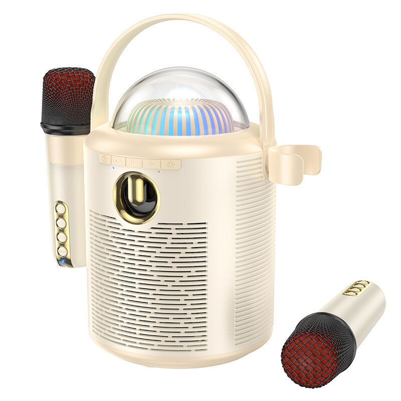 Колонка BS59, +2 беспроводных микрофона, с дискошаром, Pearlescent BT speaker with mic, HOCO, бежевая