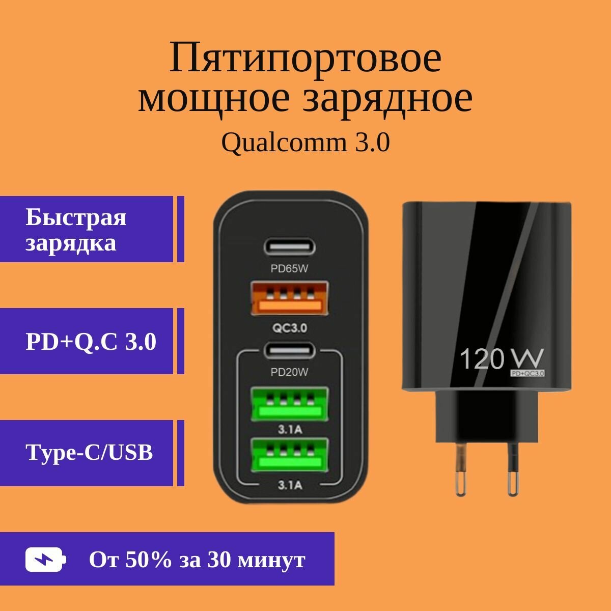 Пятипортовая быстрая зарядка 120W(черная). Сетевое зарядное устройство QUALCOMM 3.0(55АС) 2023 Новинка. PD+QC3.0. С тремя выходами USB и двумя Type C. Без кабеля.