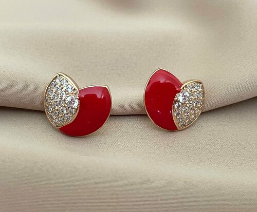 Серьги пусеты XUPING JEWELRY Тюльпан, циркон, золотой, красный