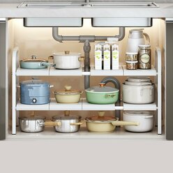 Органайзер под раковиной — выдвижная кухонная полка для хранения под раковиной двухъярусная 8 полок, белая