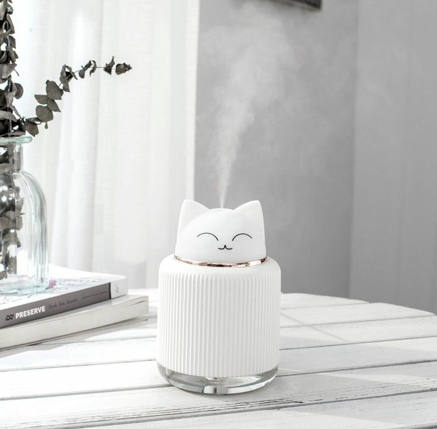 Ночник увлажнитель воздуха для дома Белый котик 3 в 1 - фотография № 9