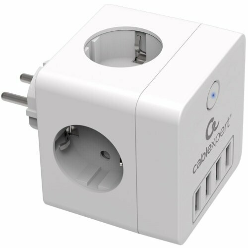 Сетевой фильтр Cablexpert Cube, 4 розетки, 16А, 4хUSB, ур. защиты 2+, белый