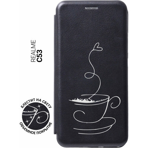 Чехол-книжка на Realme C53, Рилми С53 с 3D принтом Coffee Love W черный чехол книжка на realme c53 рилми с53 с 3d принтом relax for corgi черный