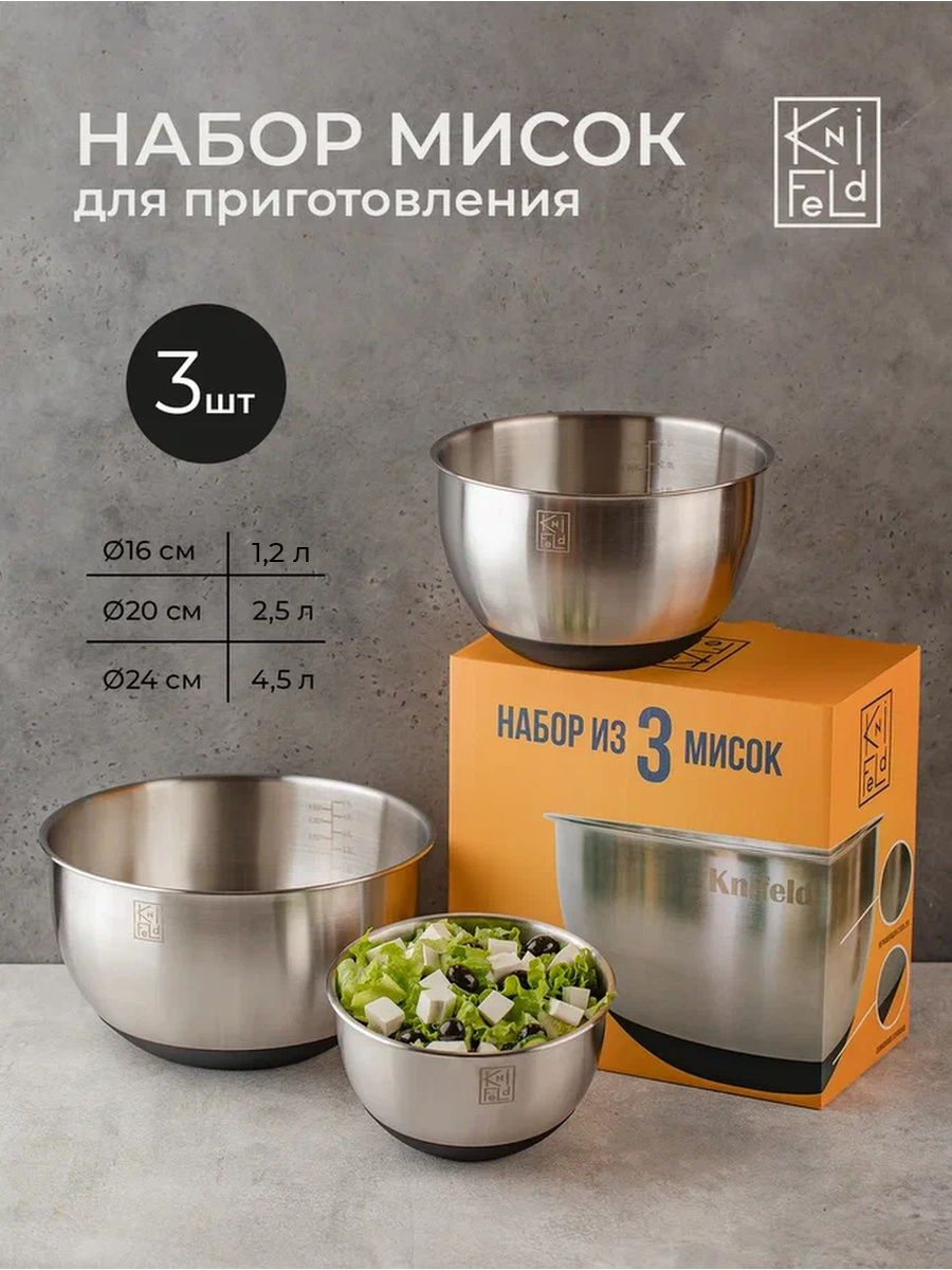 фото Набор металлических мисок Knifeld с силиконовым основанием без крышек и терок, 3 шт