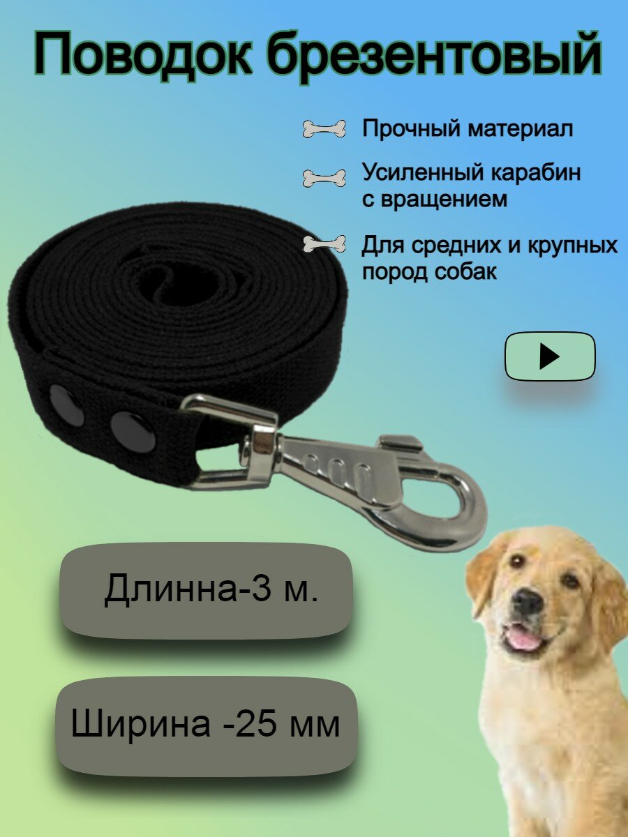 фото Поводок для собак брезентовый черный 3 м