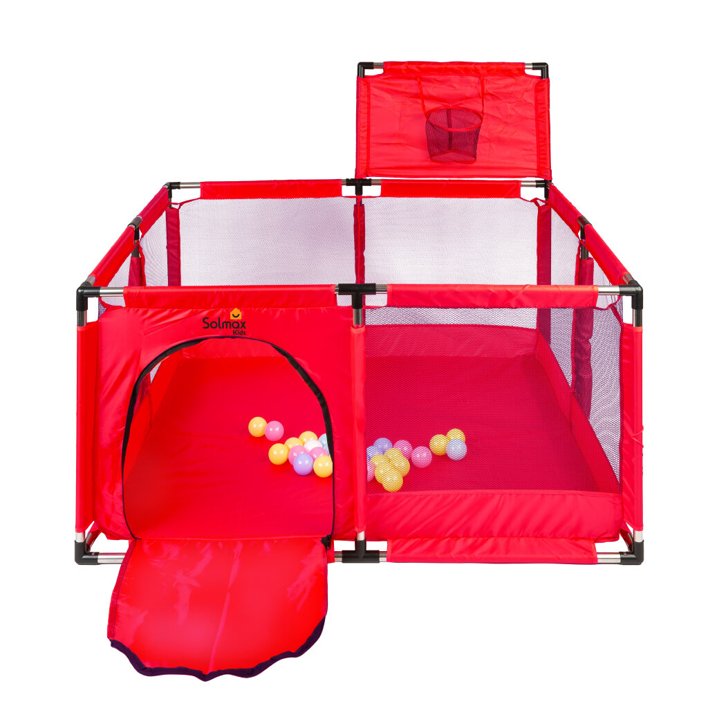 Детский манеж Solmax сухой бассейн, красный, с баскетбольным кольцом