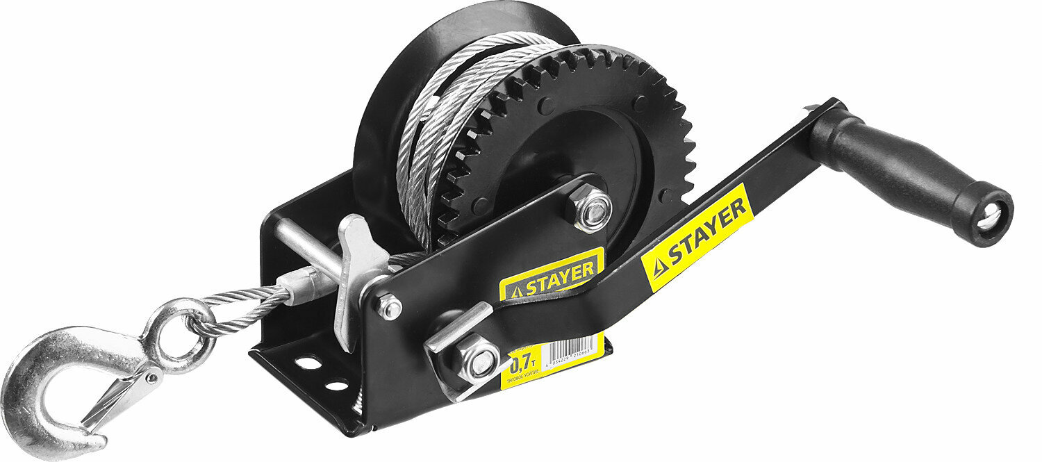 Лебедка ручная барабанная STAYER "MASTER", тяговая, тросовая, 0,7т, 8м 43112-0.7