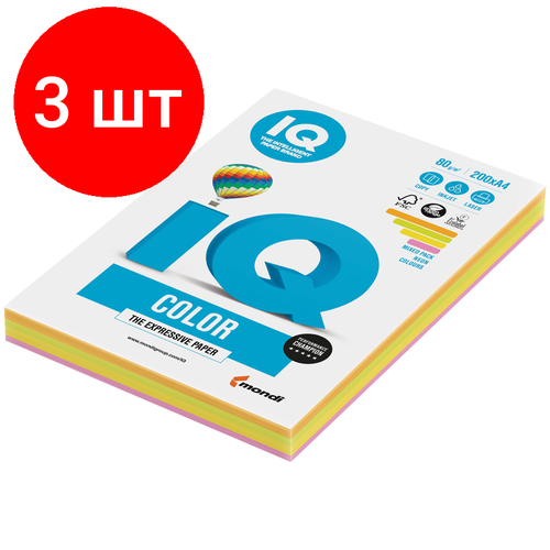 Комплект 3 шт, Бумага IQ Color Neon Mixed Packs А4, 80г/м2, 200л. (4 цвета)