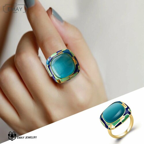 Кольцо Emay, кошачий глаз, искусственный камень, размер 20, голубой, золотой