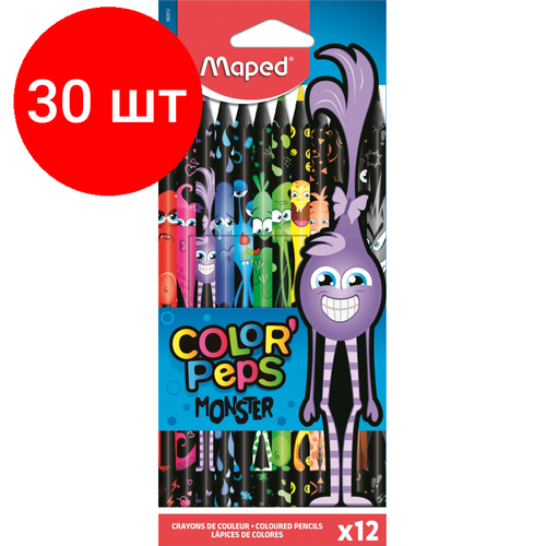 Комплект 30 наб, Карандаши цветные Maped BLACK MONSTER трехгранные, пластик,12цв/наб,862612