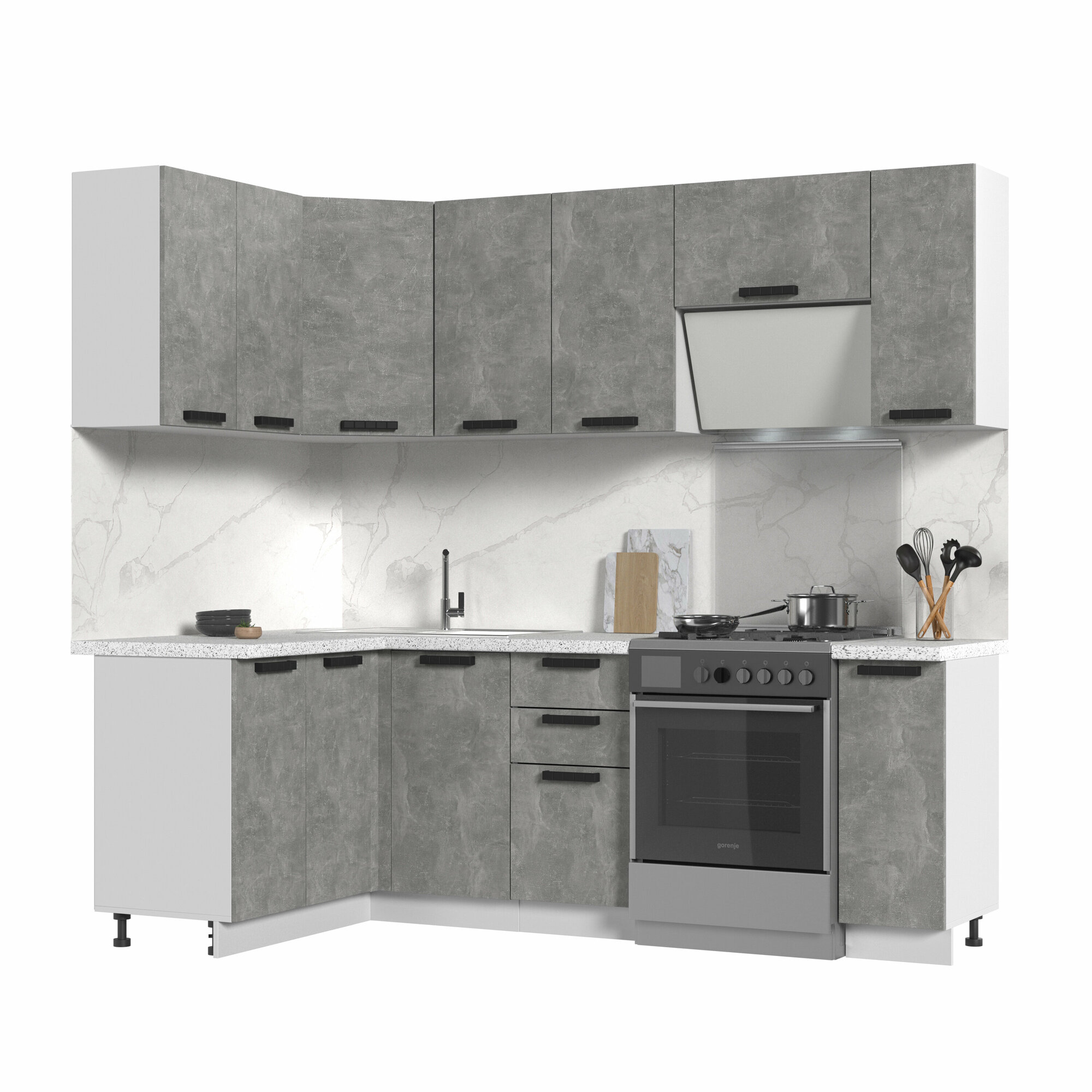 фото Кухонный гарнитур угловой, столешница Сахара 26мм, Пасаденна, 130х170см Белый/Ателье Светлое