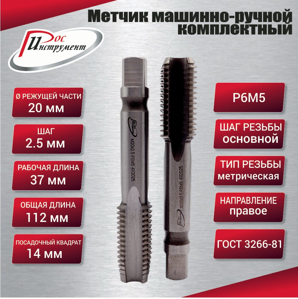 Метчик машинно-ручной М 20,0 х 2,5 комплектный 2 шт. ГОСТ 3266-81 Р6М5