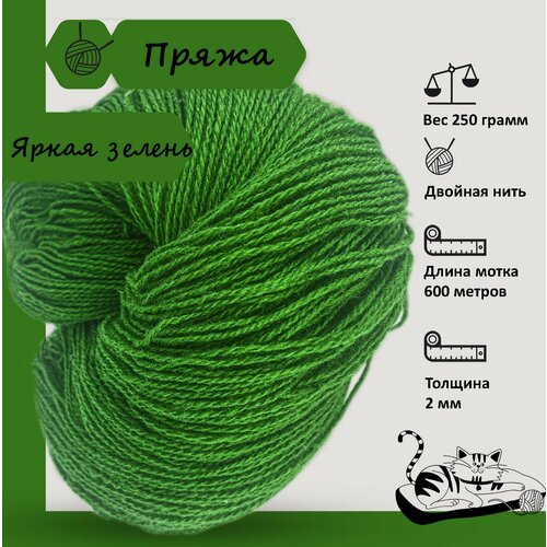 Карачаевская пряжа мягкая в пасмах нитки 100 % акрил для вязания 600-650м/250-280гр, Яркая зелень