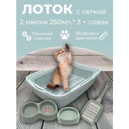 Набор лоток с сеткой с мисками и совком, лоток для котят, туалет для кошек маленький ментол