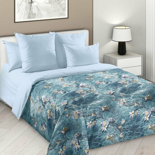 Постельное Белье 2-спальное с европростыней Перкаль "Аква" голубой, синий, голубой