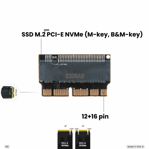 адаптер переходник для установки оригинального диска ssd apple 12 16 pin от macbook air pro retina imac mac pro 2013 2017 в слот pcie 3 0 x4 x8 x16 Адаптер-переходник для SSD M.2 2280 PCI-E NVMe в разъем 12+16 pin MacBook Air 11/13, Pro Retina 13/15, iMac 21.5/27, Mac Pro, 2013-2019, N-941A-B