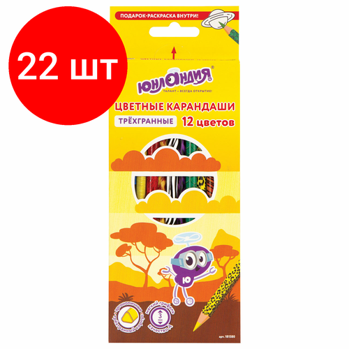 Комплект 22 шт, Карандаши цветные мягкие юнландия сафари, 12 цветов, корпус с печатью, трехгранные, с раскраской, 181580