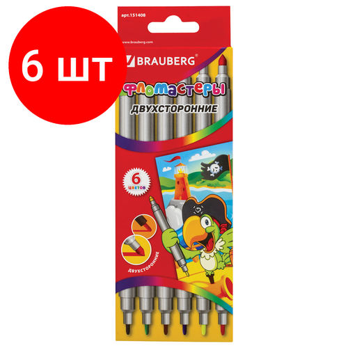 Комплект 6 шт, Фломастеры двухсторонние BRAUBERG 6 цветов, пишущие узлы 2 и 5 мм, вентилируемый колпачок, картонная упаковка, 151408