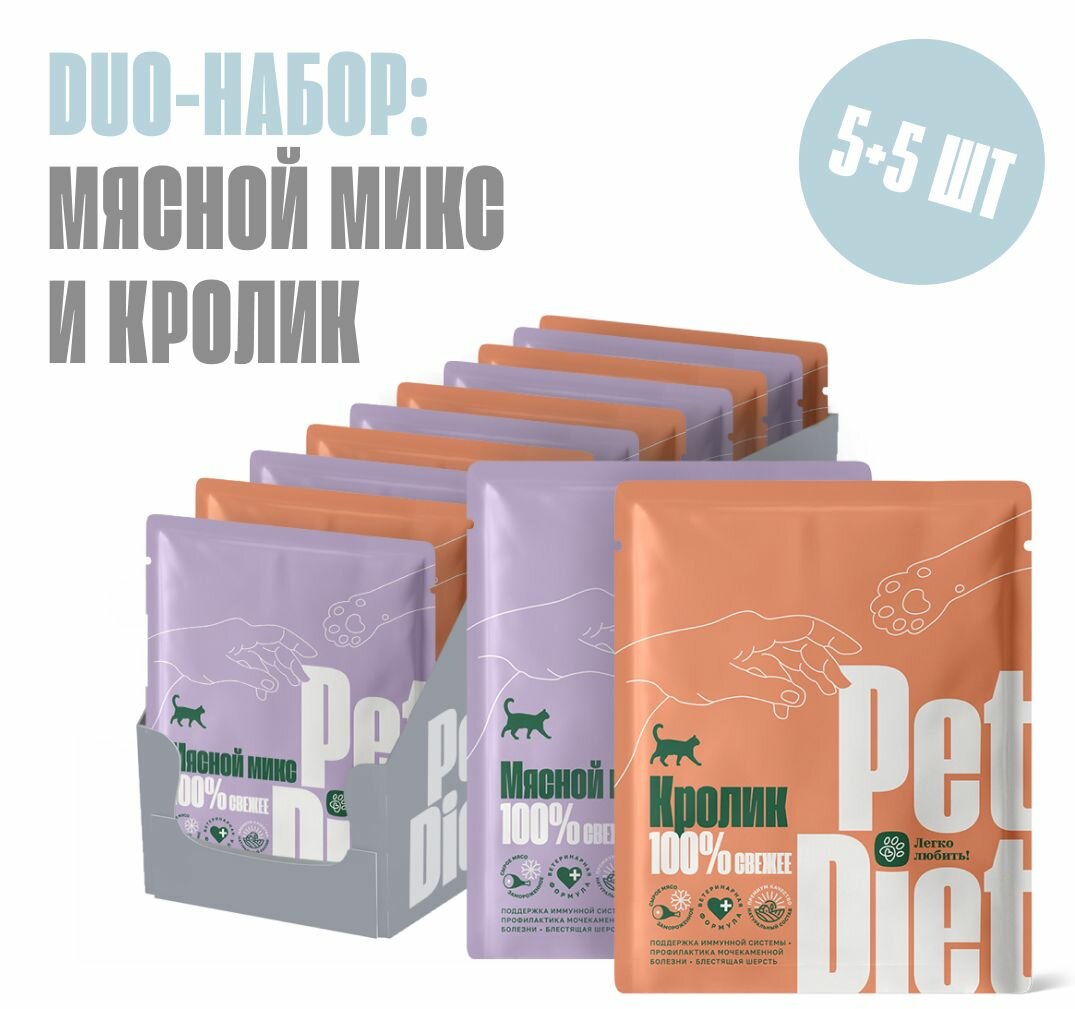 Дуо набор натурального корма из кролика и мясного микса Pet Diet, 10 пакетиков по 160 гр