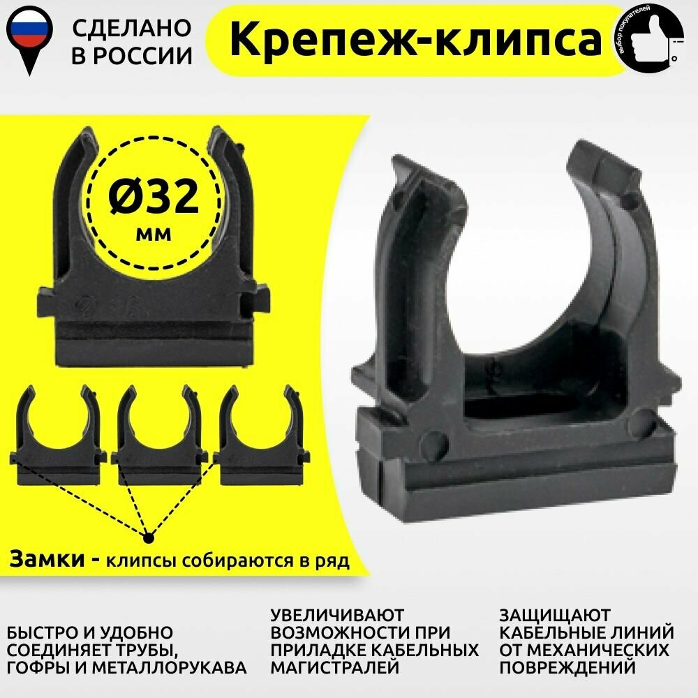 фото Крепеж 32 мм для трубы и гофры 10шт черная клипса с защелкой держатель упаковка
