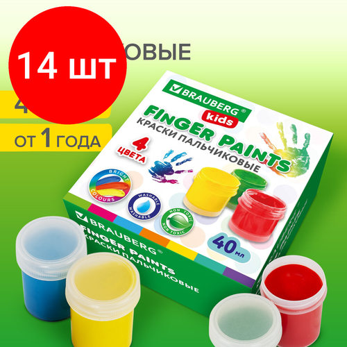 Комплект 14 шт, Краски пальчиковые для малышей от 1 года, 4 цвета по 40 мл, BRAUBERG KIDS, 192278