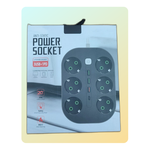 Розетка сетевая с удлинителем POWER SOCKET, 6 слотов, 3 USB, 1PD, 2 метра, черная/белая