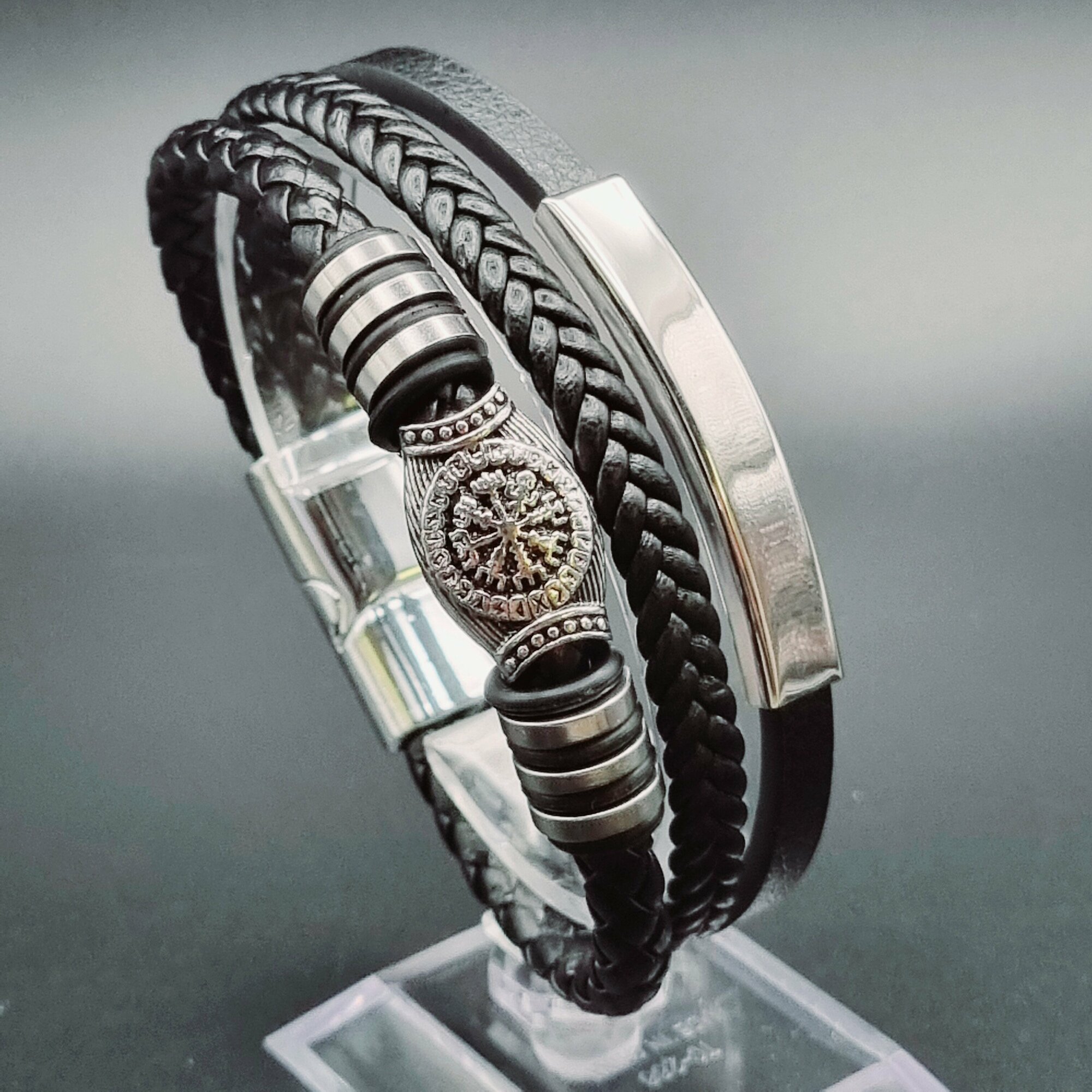 Славянский оберег, плетеный браслет Браслет мужской кожаный, бижутерия, украшение на руку, комплект\набор 4 в 1, металл