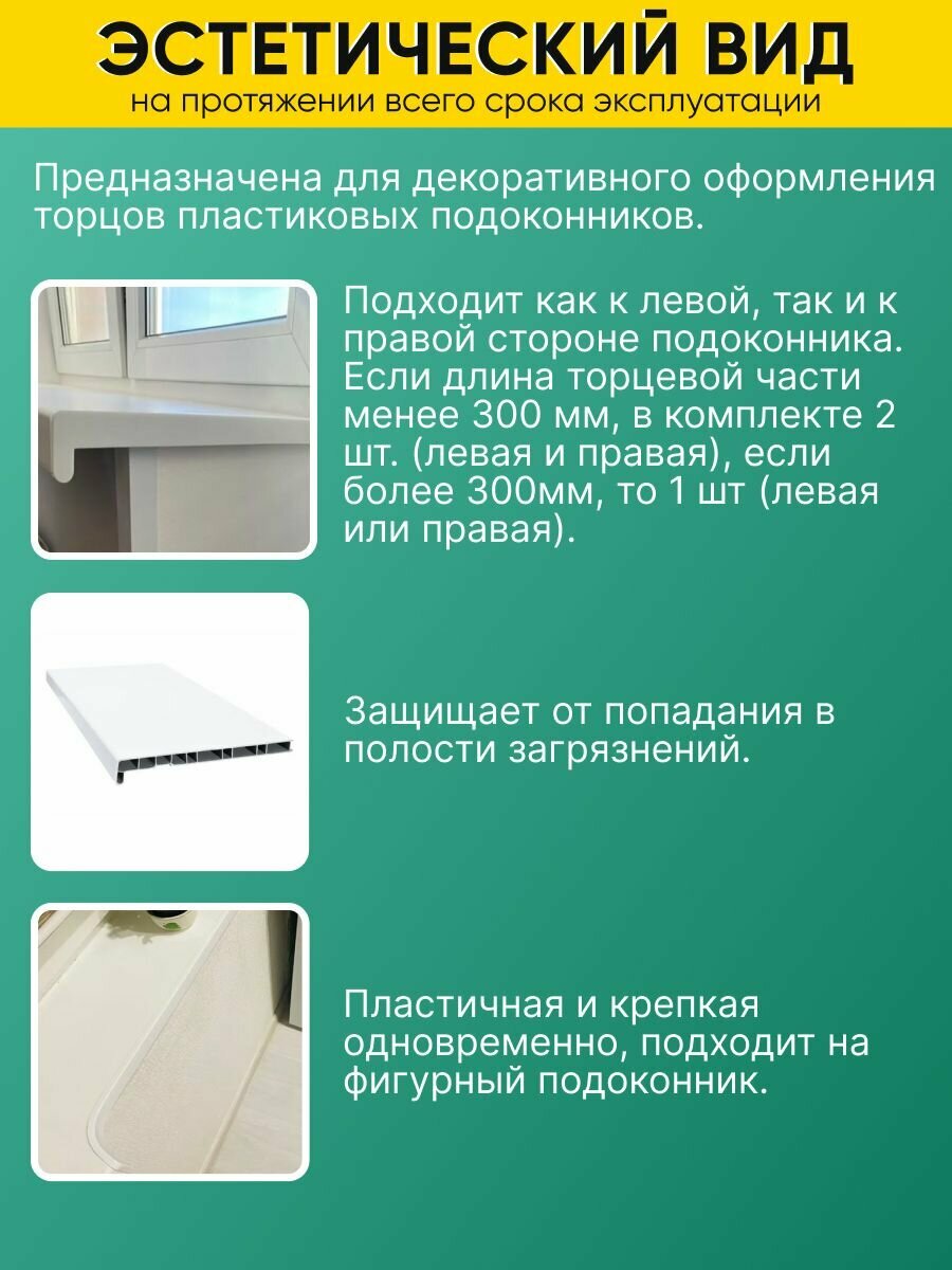 Накладка на подоконник ПВХ 600 мм/Заглушка торцевая для подоконника с косым капиносом 600мм, белая (1 шт.)