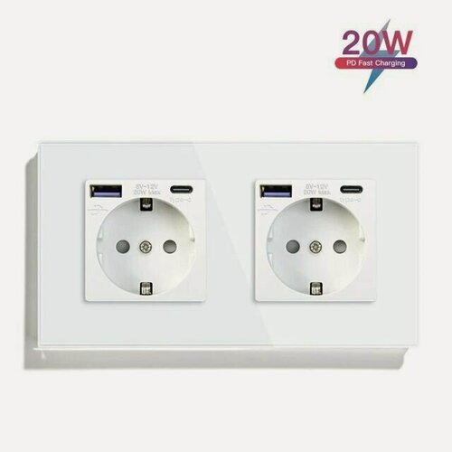 Изображение товара Розетка электрическая 2 поста AC, быстрая зарядка 20W, стекло 157х86 мм, цвет белый