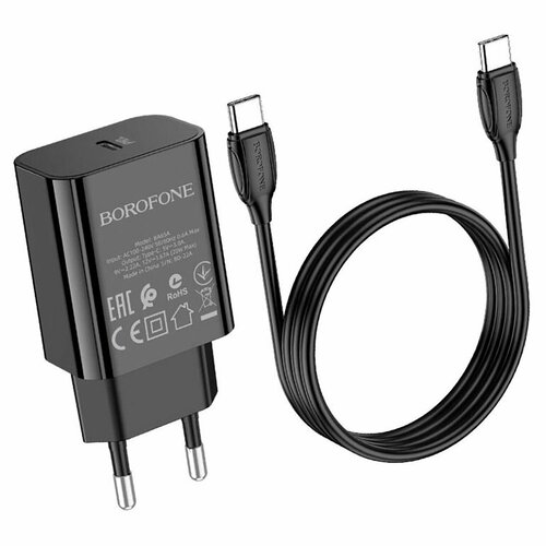 Сетевой адаптер Borofone BA65A, с кабелем, QC3.0, Type-C, 20W, черный, 1 шт зарядное устройство borofone ba65a черный зу с type c