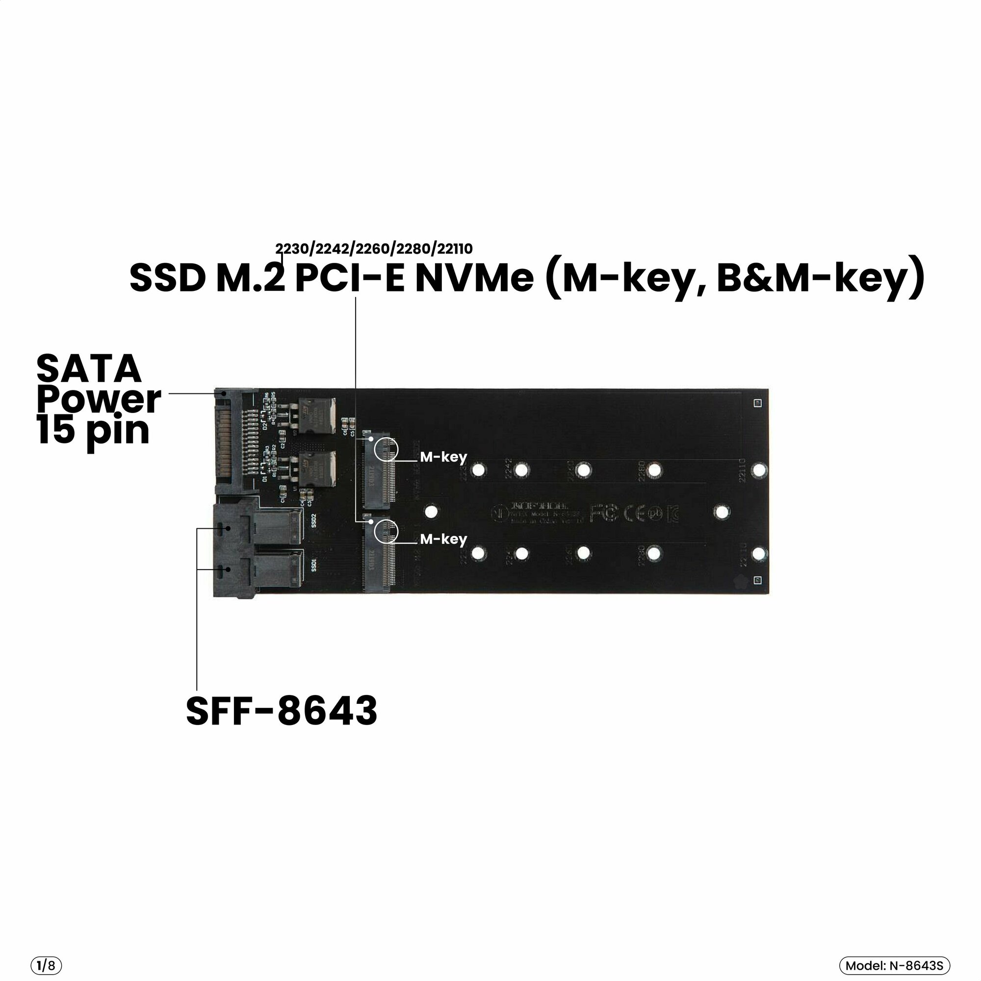 Адаптер-переходник M.2 2230-22110 PCI-E NVMe (x2) > U.2 SFF-8643 (x2) + доп. питание SATA (15 pin), черный, N-8643S