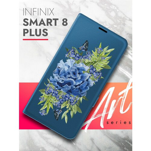 Чехол на Infinix Smart 8 Plus (Инфиникс Смарт 8 плюс) синий книжка эко-кожа с функцией подставки магнитами Book Case, Brozo (принт) Синий Колокольчик чехол на infinix smart 8 plus инфиникс смарт 8 плюс зеленый опал книжка эко кожа с функцией подставки book case brozo принт аниматроник паттерн