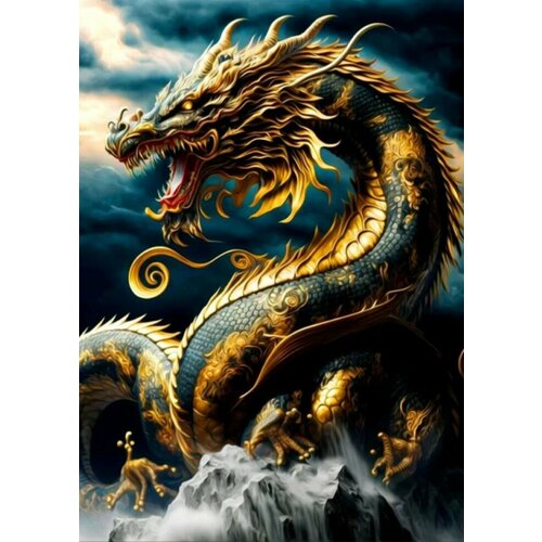 Алмазная мозаика 50x65 на холсте с подрамником. Черно-золотой дракон