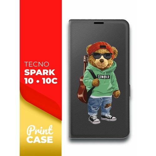 Чехол на Tecno Spark 10/ 10C (Техно Спарк 10/10С) черный книжка эко-кожа подставка отделение для карт и магнитами Book case, Miuko (принт) Мишка Гитара чехол на tecno spark 10 10c техно спарк 10 10с синий книжка эко кожа подставка отделение для карт и магнитами book case miuko принт тигр в короне