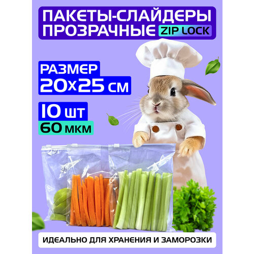 Пакеты слайдеры прозрачные с Zip lock бегунком 20х25 см для хранения и заморозки, 60 мкм. Комплект 10 штук.