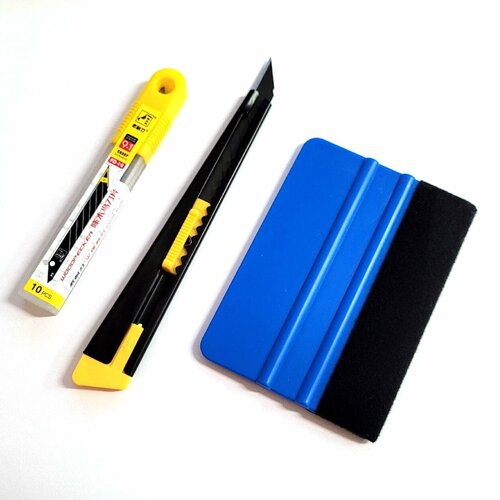 Ракель с фетровой накладкой 10 см жесткий + нож черный для пленки 9мм + лезвия 10шт