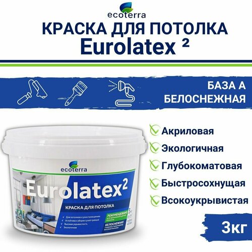 Краска Ecoterra Eurolatex 2 ВД-АК 2180 для потолков, белоснежная, 3кг краска акриловая ecoterra eurolatex 7 матовая белый 6 л 6 кг