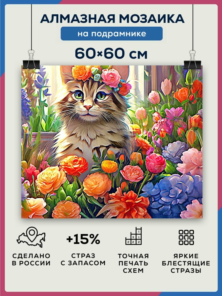 Алмазная мозаика 60x60 Кот с венком цветов на подрамнике