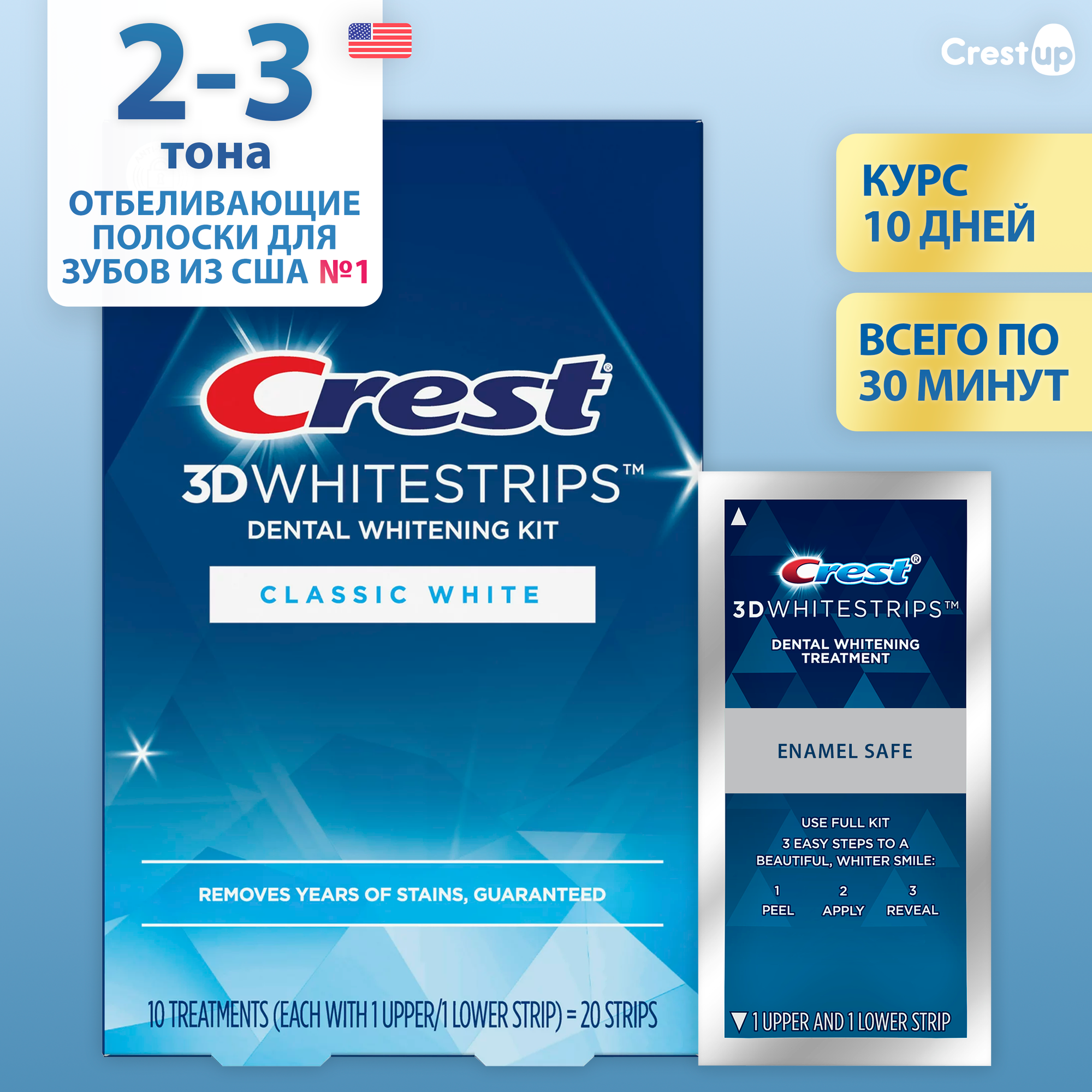 Курс 10 дней | Crest 3D Whitestrips Classic White – Отбеливающие полоски для зубов