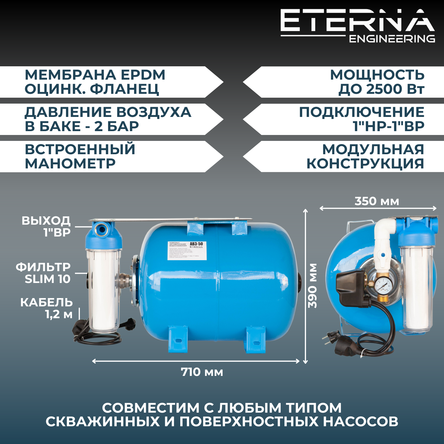 Гидроаккумулятор в сборе с автоматикой ETERNA АвтоБак АВ3-50 (50 л, горизонтальный)