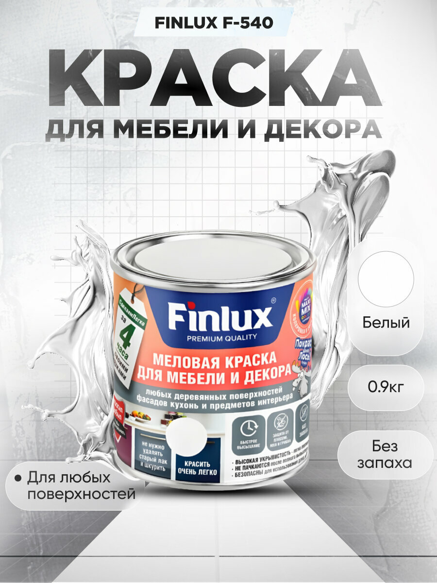 Краска для мебели и декора любых деревянных поверхностей, кухонь и предметов интерьера Finlux F-540-Белый-0,9 кг